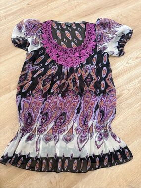 Soda Black Blouse with Purple Crochet & Orange Accents